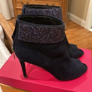 Kate spade suede glitter open-toe ankle booties.